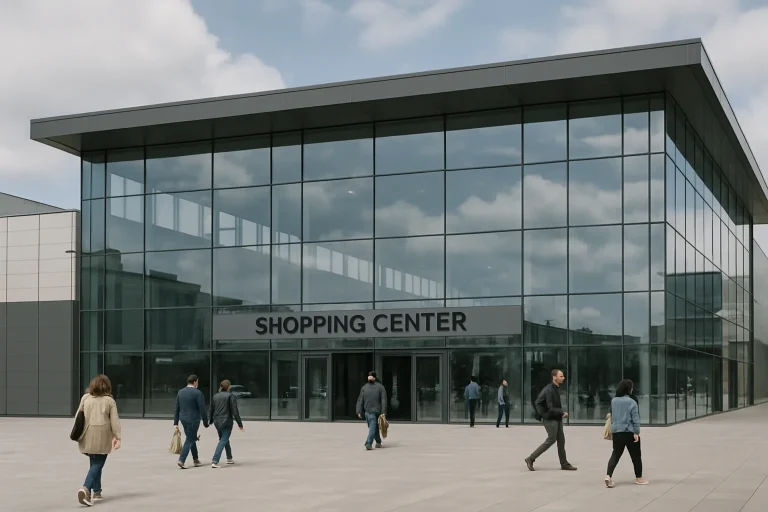 Centre commercial à Brest avec façade en verre, lumière du jour, clients en mouvement