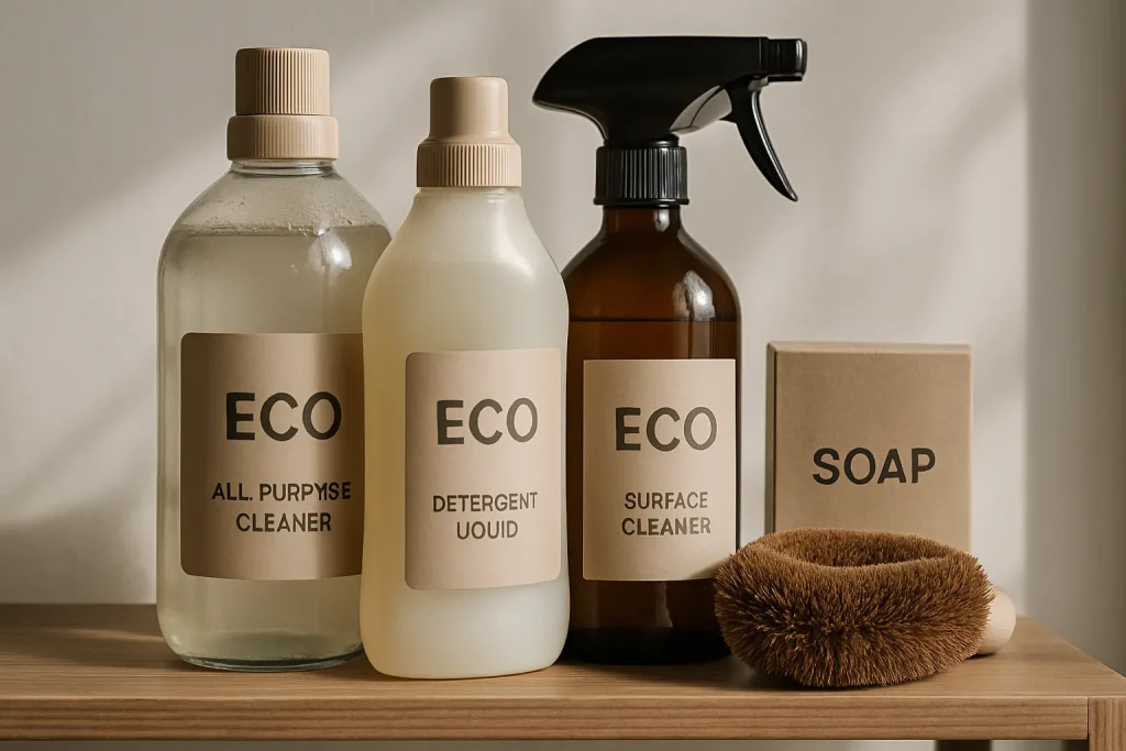 Gros plan de produits de nettoyage écologiques sur une étagère en bois, lumière naturelle