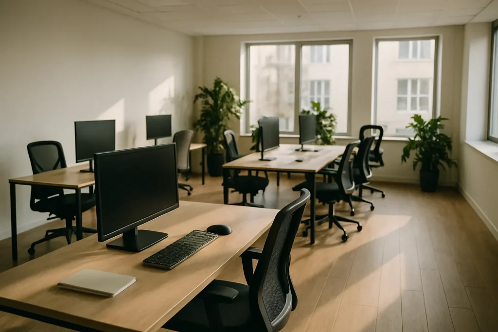 Bureau spacieux avec postes de travail, lumière naturelle, plantes en arrière-plan.