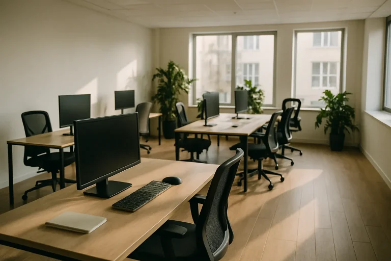 Bureau spacieux avec postes de travail, lumière naturelle, plantes en arrière-plan.
