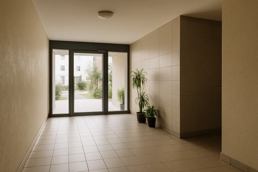 Hall d'immeuble à Quimperlé avec baies vitrées et sols propres, éclairage naturel.