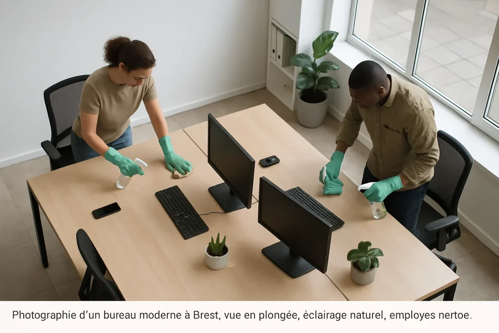 Vue plongeante d'un bureau moderne à Brest avec des employés en train de nettoyer.