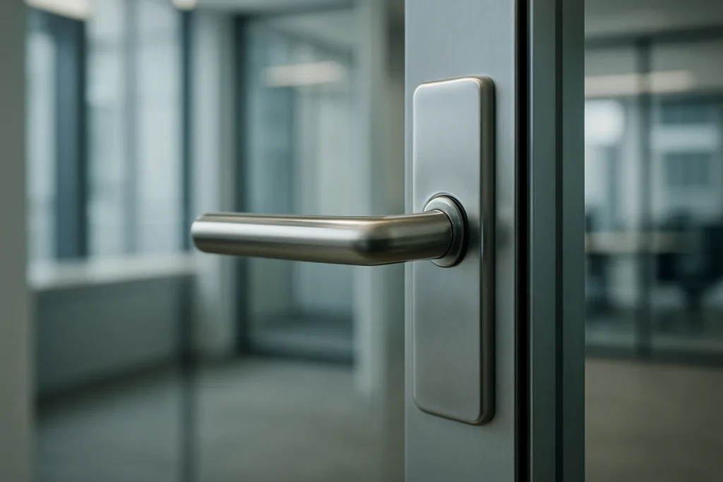 Poignée de porte en acier inoxydable dans une entreprise, éclairée naturellement.