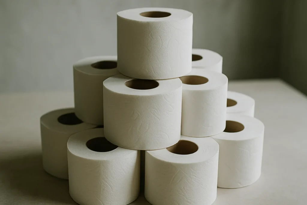 Gros plan de rouleaux de papier toilette empilés, éclairage naturel, texture visible.