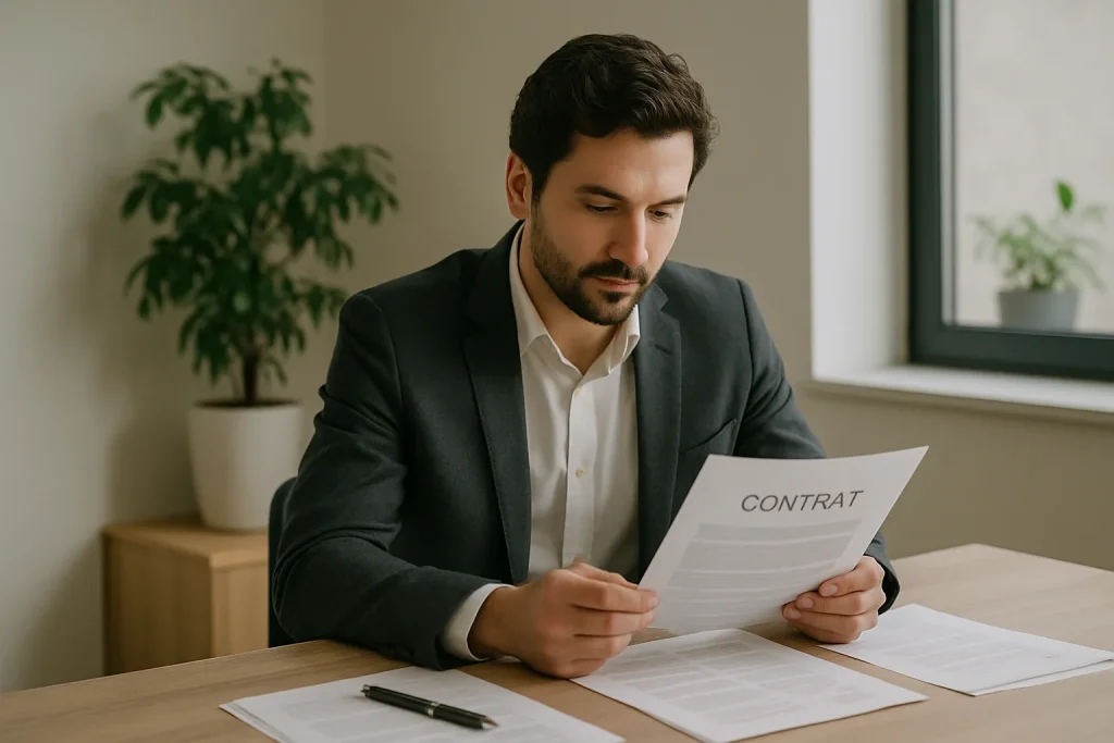 Agent immobilier examinant un contrat de nettoyage dans un bureau moderne.