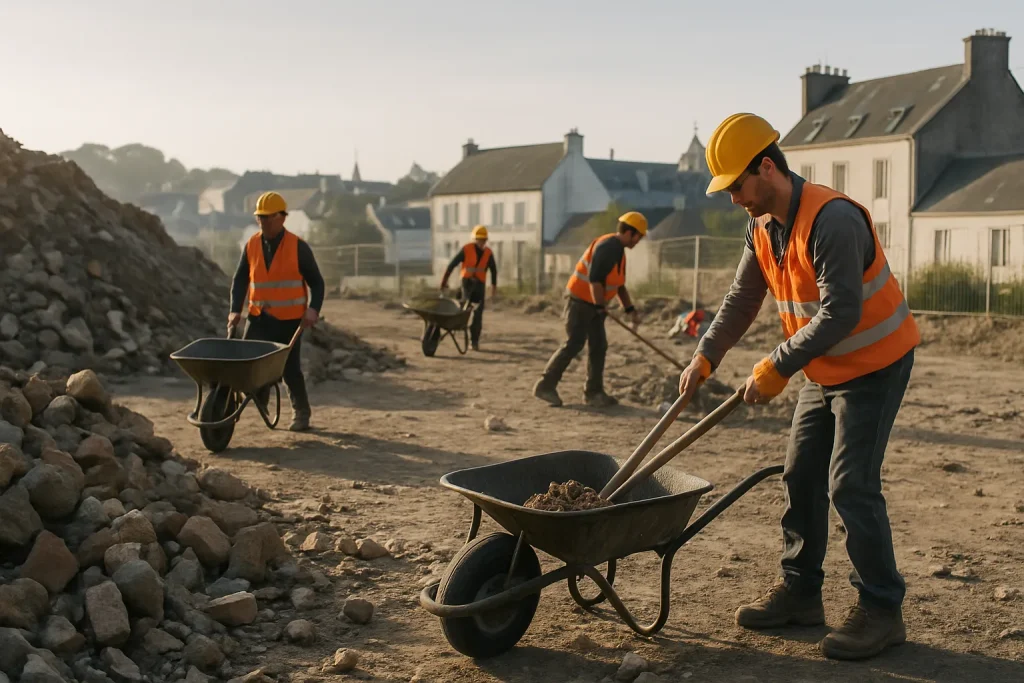Ouvriers déblayant des gravats sur un chantier à Douarnenez, lumière douce du matin.
