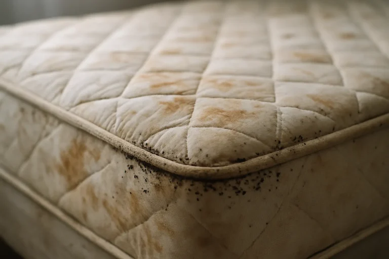 Gros plan sur un matelas abîmé avec des taches indiquant une infestation.