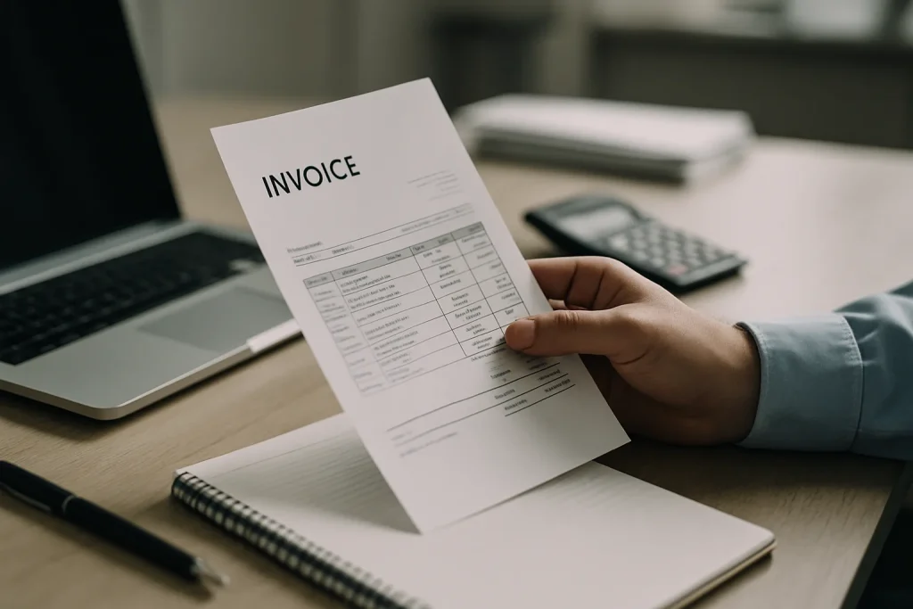 Main tenant une facture détaillée après un débarras, bureau flou en arrière-plan.