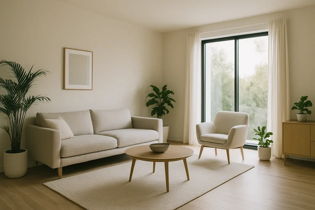 Salon moderne avec grande baie vitrée à Crozon, décor minimaliste et lumineux
