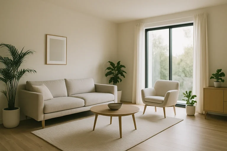 Salon moderne avec grande baie vitrée à Crozon, décor minimaliste et lumineux