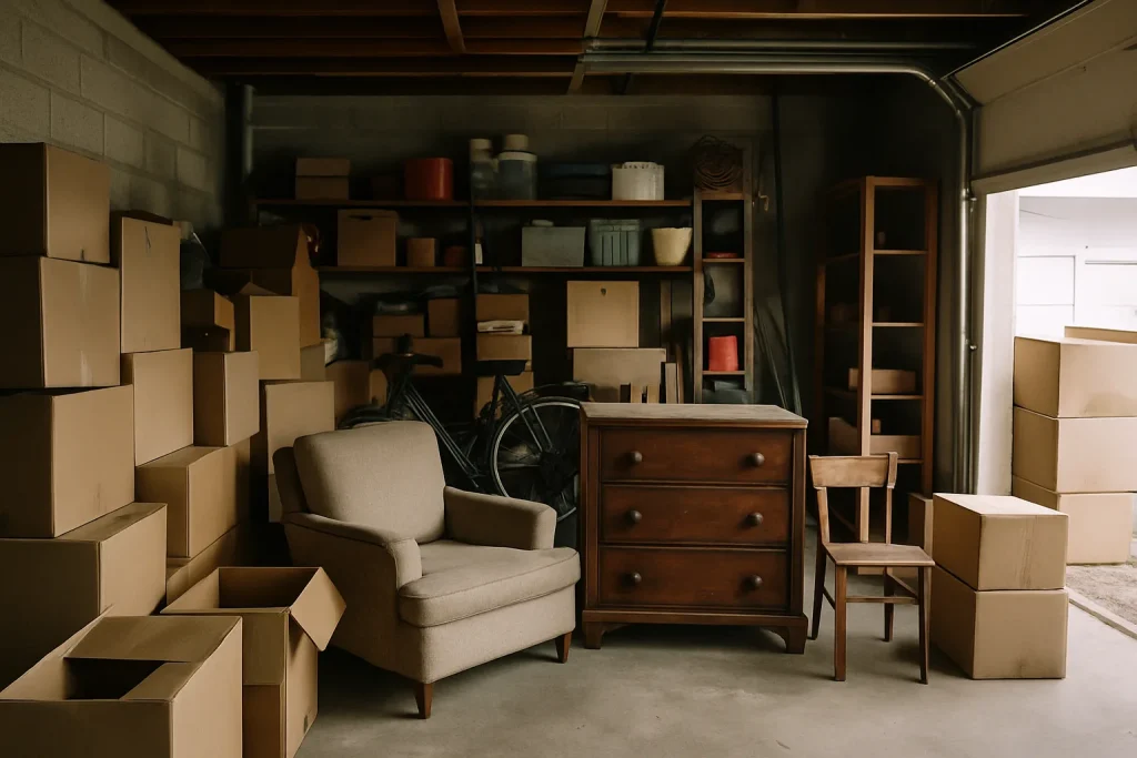 Garage rempli de cartons et de meubles dans une maison à Morlaix, prêt pour évacuation.