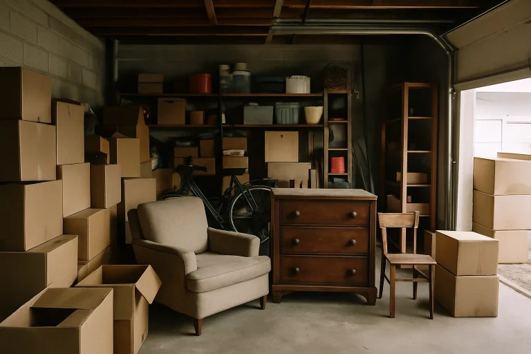 Garage rempli de cartons et de meubles dans une maison à Morlaix, prêt pour évacuation.