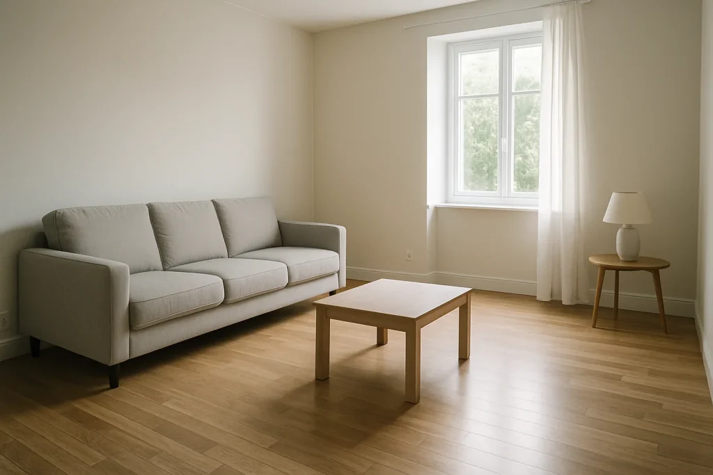Salon à Bénodet avec parquet propre et lumière douce, après débarras.