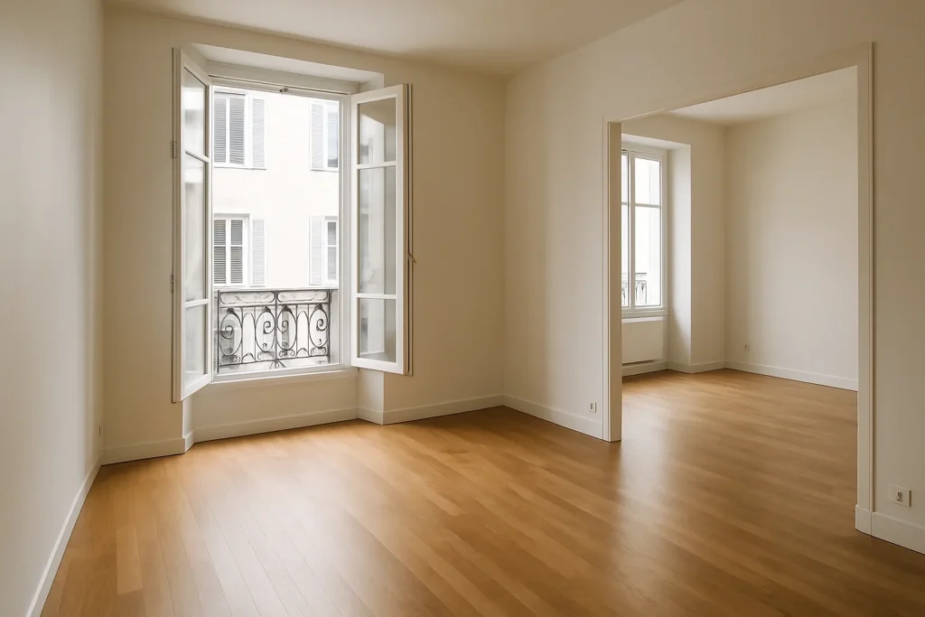 Appartement vide à Douarnenez avec lumière du jour, parquet et murs clairs