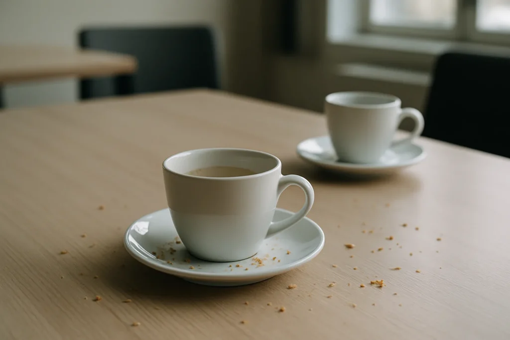 Table de salle de pause avec tasses à café et miettes, lumière naturelle
