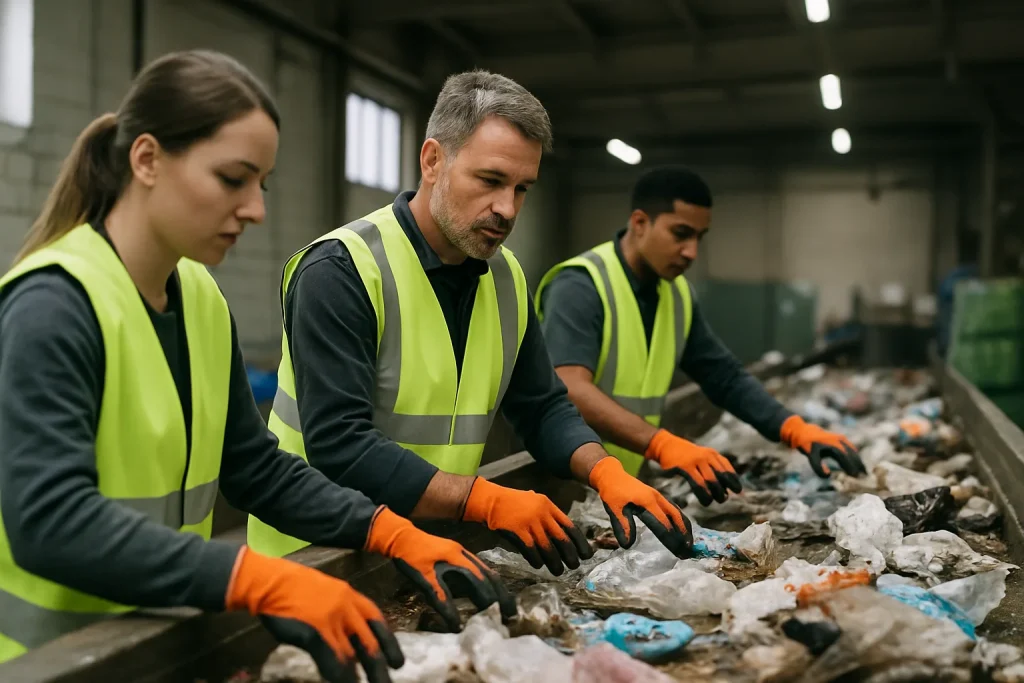 Des employés en gilets fluorescents triant des déchets dans un centre de tri.