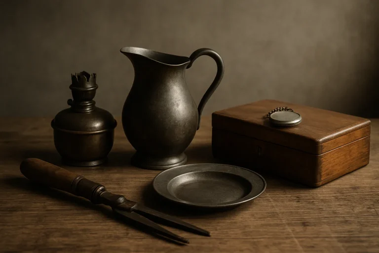 Collection d'objets anciens en métal et bois sur une table en bois, éclairage doux