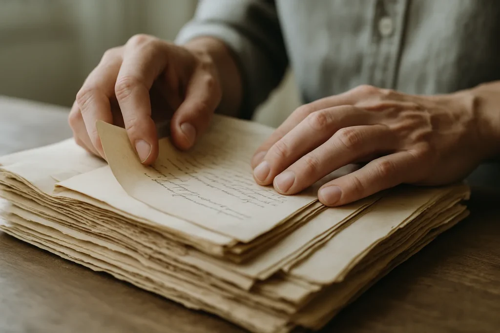 Mains feuilletant des documents anciens lors d'un débarras à Morlaix