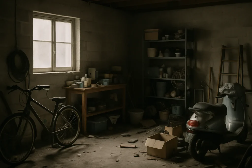 Garage rempli d'objets divers à Châteaulin, lumière douce, désordre visible.