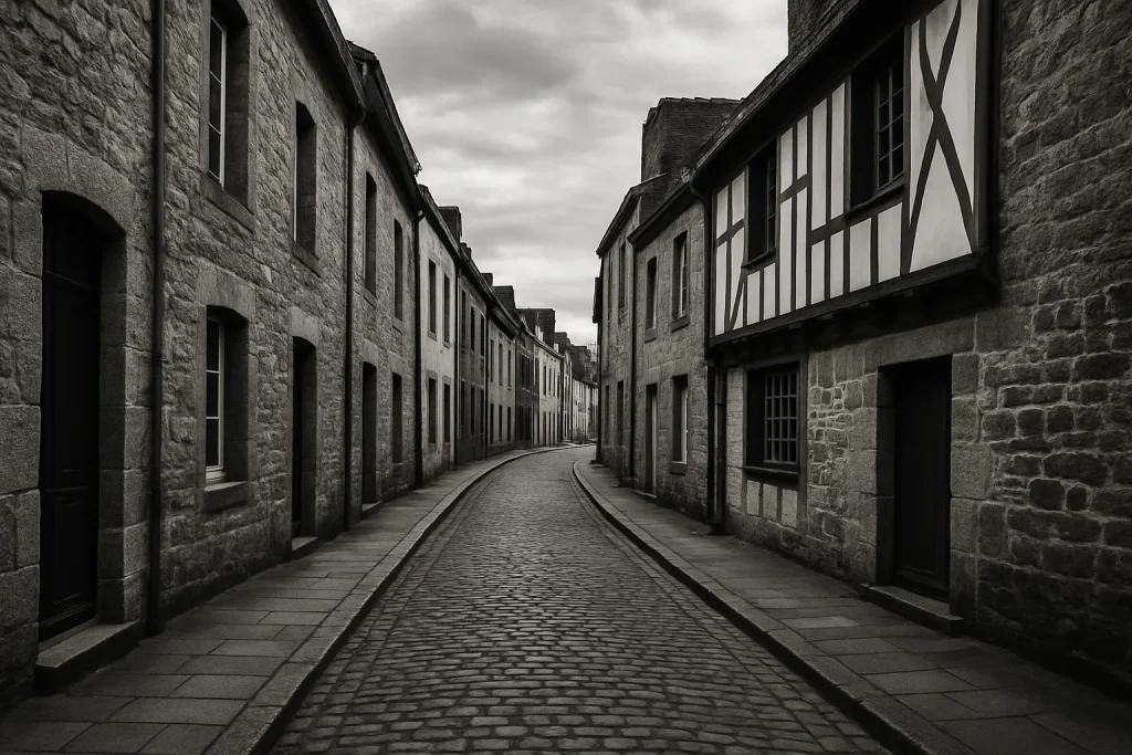 Rue calme à Quimperlé avec bâtiments anciens, contraste noir et blanc.