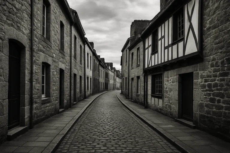 Rue calme à Quimperlé avec bâtiments anciens, contraste noir et blanc.