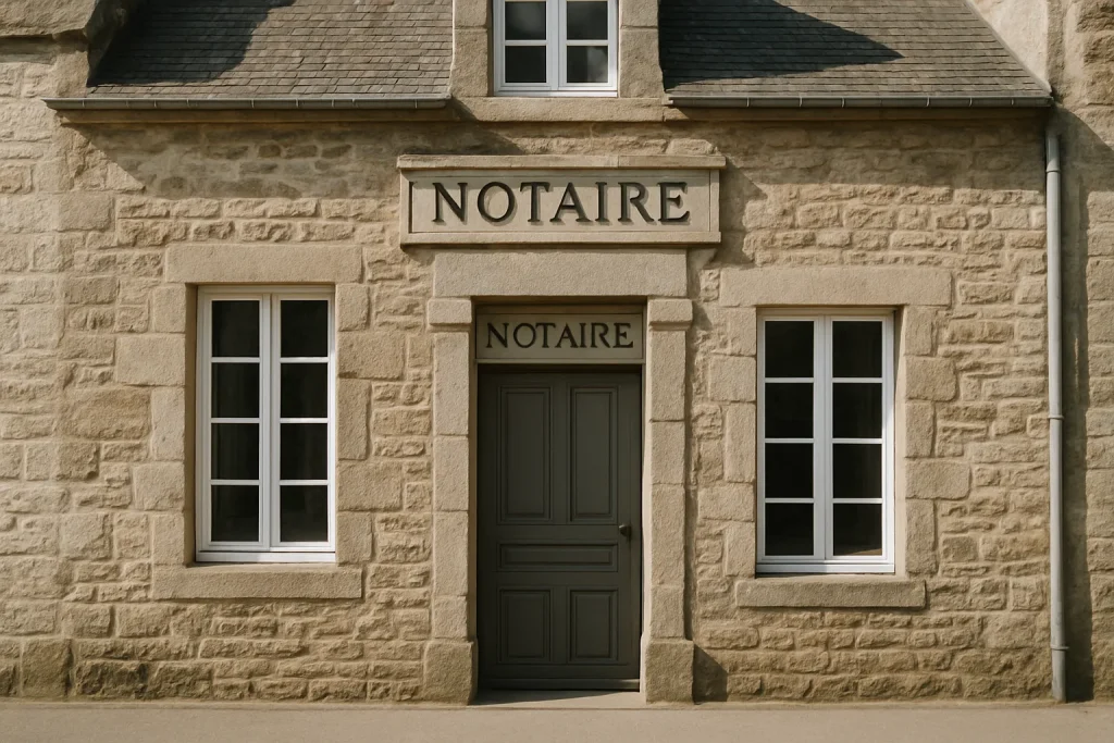 Façade d'un bâtiment notarial ancien en pierre dans le Finistère, éclairé par la lumière du jour.