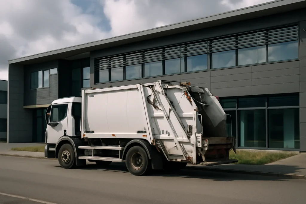 Camion de collecte de déchets devant un bâtiment à Carhaix-Plouguer, prêt pour l'évacuation.