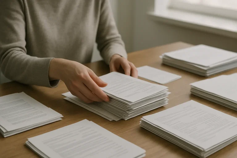 Main triant des papiers personnels sur une table en bois, lumière douce.