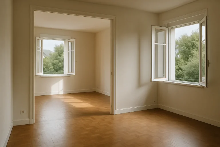 Intérieur d'une maison vide à Concarneau, ambiance sereine, lumière douce.