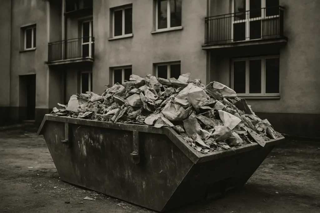 Benne remplie de déchets devant un immeuble, en noir et blanc, à Landivisiau.
