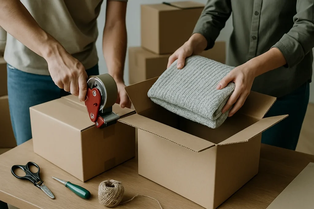 Mains empaquetant des objets dans des cartons lors d'une succession à Landerneau
