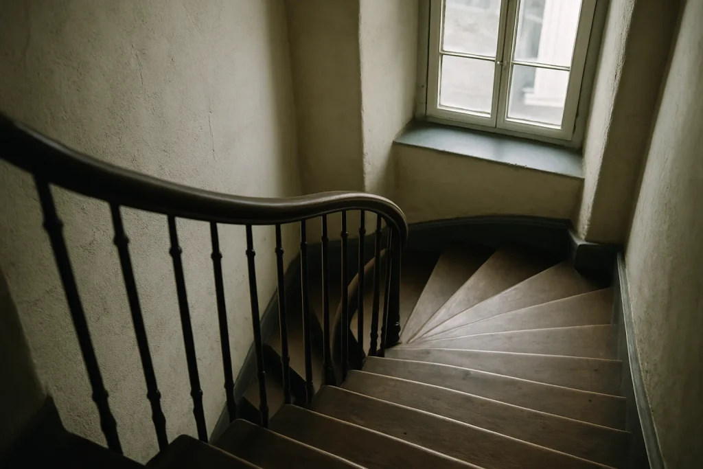 Escalier en colimaçon dans un immeuble ancien à Brest, lumière naturelle.