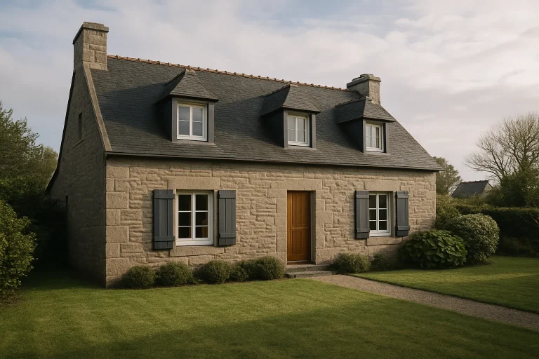 Maison traditionnelle bretonne à Brest avec jardin et ciel nuageux.