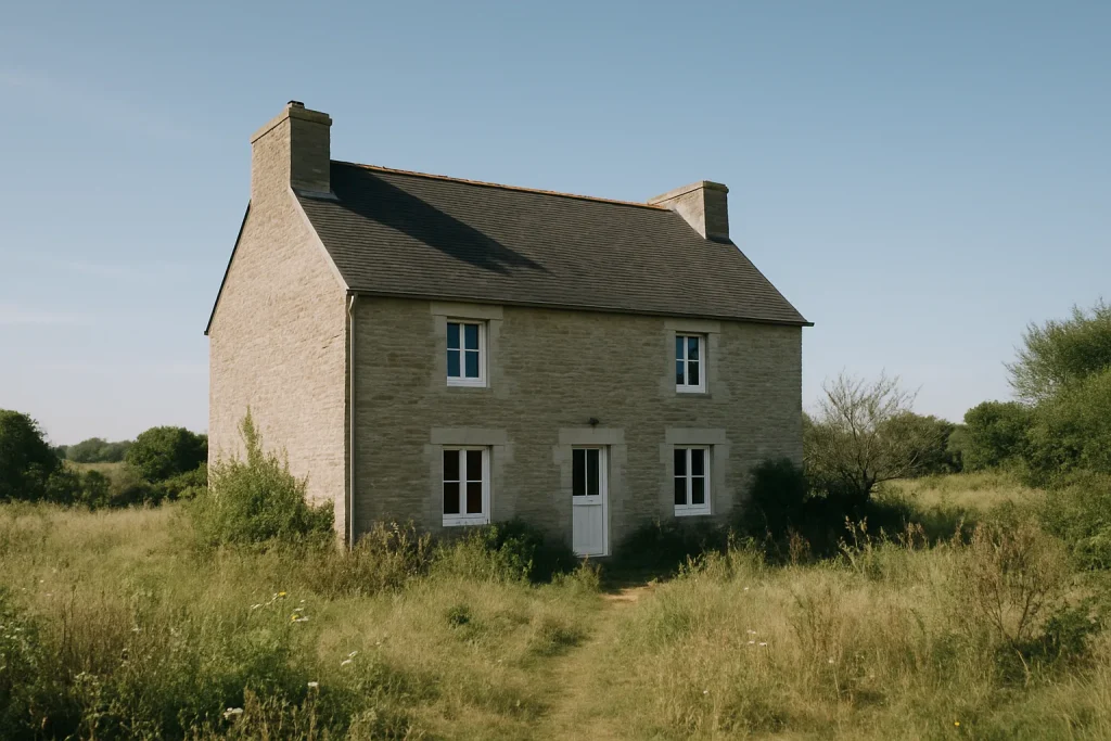 Extérieur d'une maison en indivision dans le Finistère, jardin sauvage, ciel dégagé