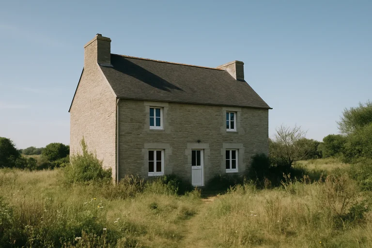 Extérieur d'une maison en indivision dans le Finistère, jardin sauvage, ciel dégagé