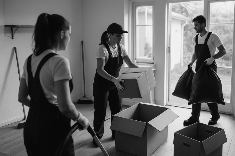 Équipe de nettoyage vidant une maison héritée à Quimper, outils et cartons visibles.