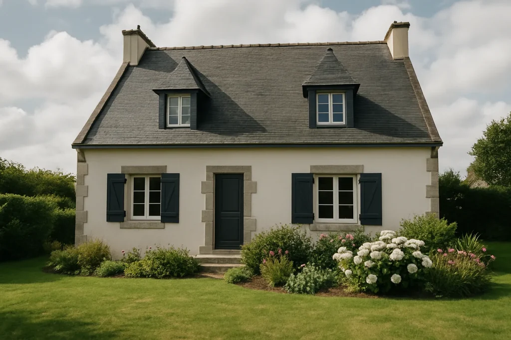 Façade d'une maison à Fouesnant, jardin bien entretenu, ciel partiellement nuageux.