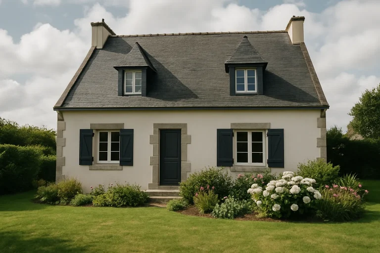 Façade d'une maison à Fouesnant, jardin bien entretenu, ciel partiellement nuageux.