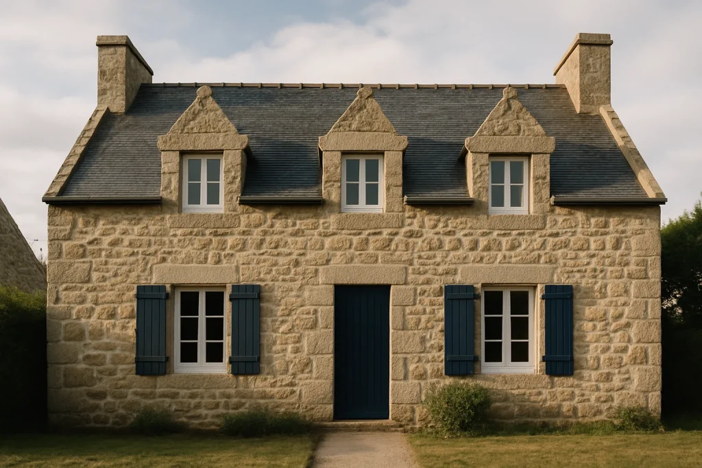 Maison en pierre à Roscoff sous un ciel légèrement nuageux, en préparation pour vidage.