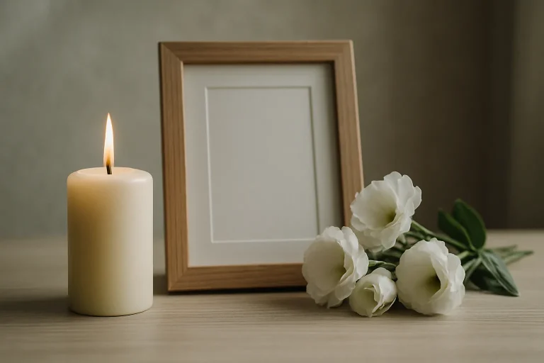 Bougie allumée et fleurs blanches sur une table, symbolisant un hommage après décès
