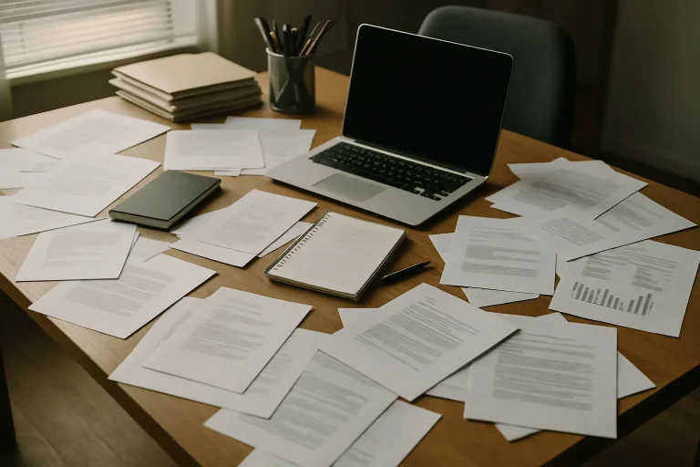 Bureau encombré avec papiers éparpillés, lumière douce, vue en plongée