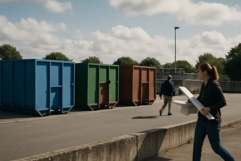 Déchetterie à Brest avec conteneurs alignés et personnes floues déposant des objets.